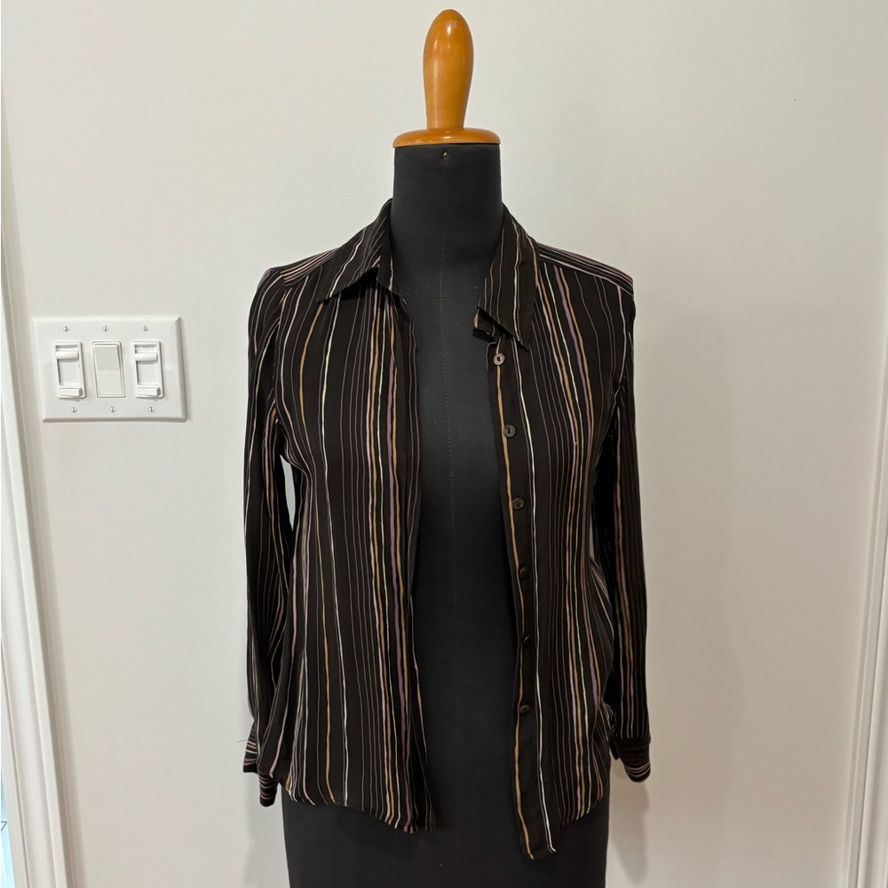 Mid-Sheer Striped Black Button-Up Women's Top
